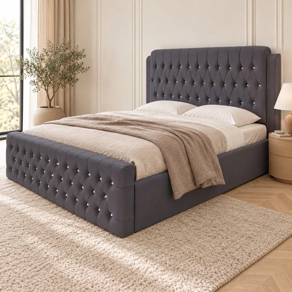 Pat tapițat Chesterfield din catifea Aveline Deluxe 160×200 cm, gri închis, cu ladă de depozitare