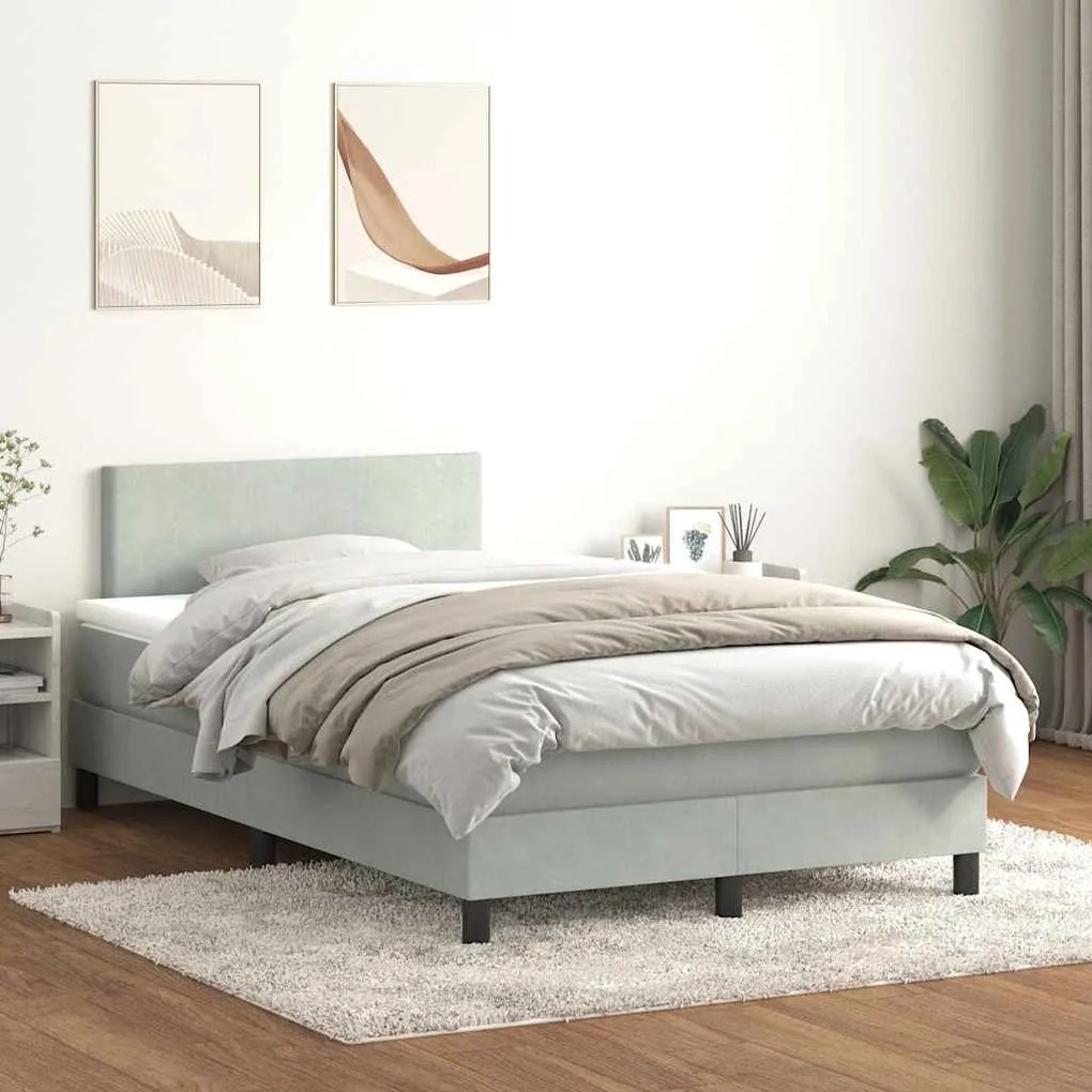 vidaXL Pat cu arcuri cu saltea și LED, gri deschis, 120x220 cm, catifea