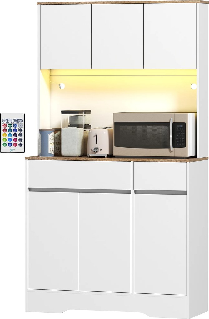 HOMCOM Bufet bucătărie mobilier de bucătărie de depozitare înalt cu lumină LED RGB, blat de lucru, 6 uși, 2 sertare, alb | Aosom Romania