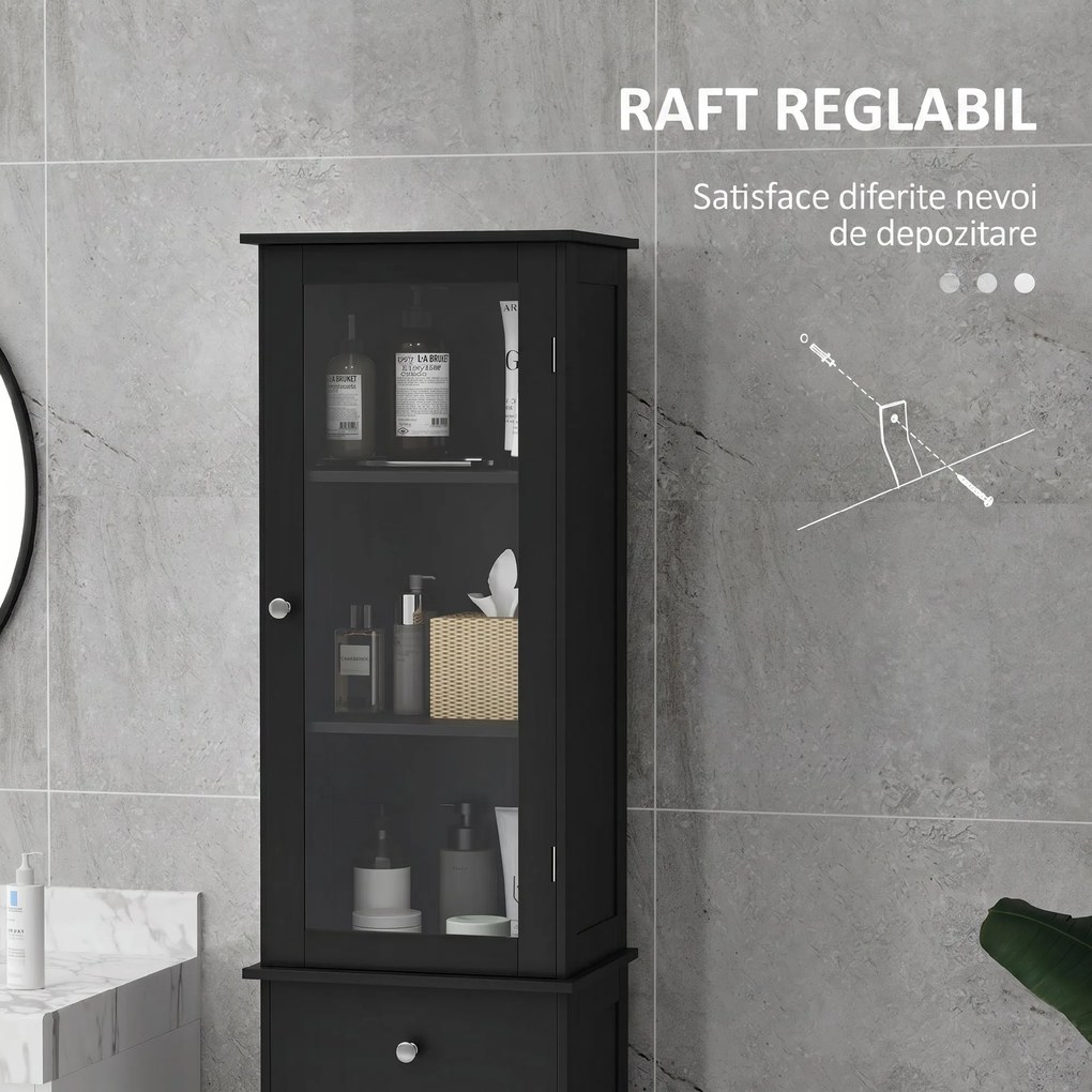 Kleankin Coloană de Baie Îngustă cu Dulap, Sertar și Rafturi din MDF, 40 x 27 x 171,5 Cm, Negru | Aosom Romania