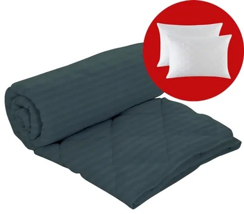 Set pilota iarna, umplutura lana, material damasc policoton, 200x220cm, matlasata, antracit, Pucioasa cu 2 perne, matlasate, antialergice, 50x70cm, albe, Pucioasa