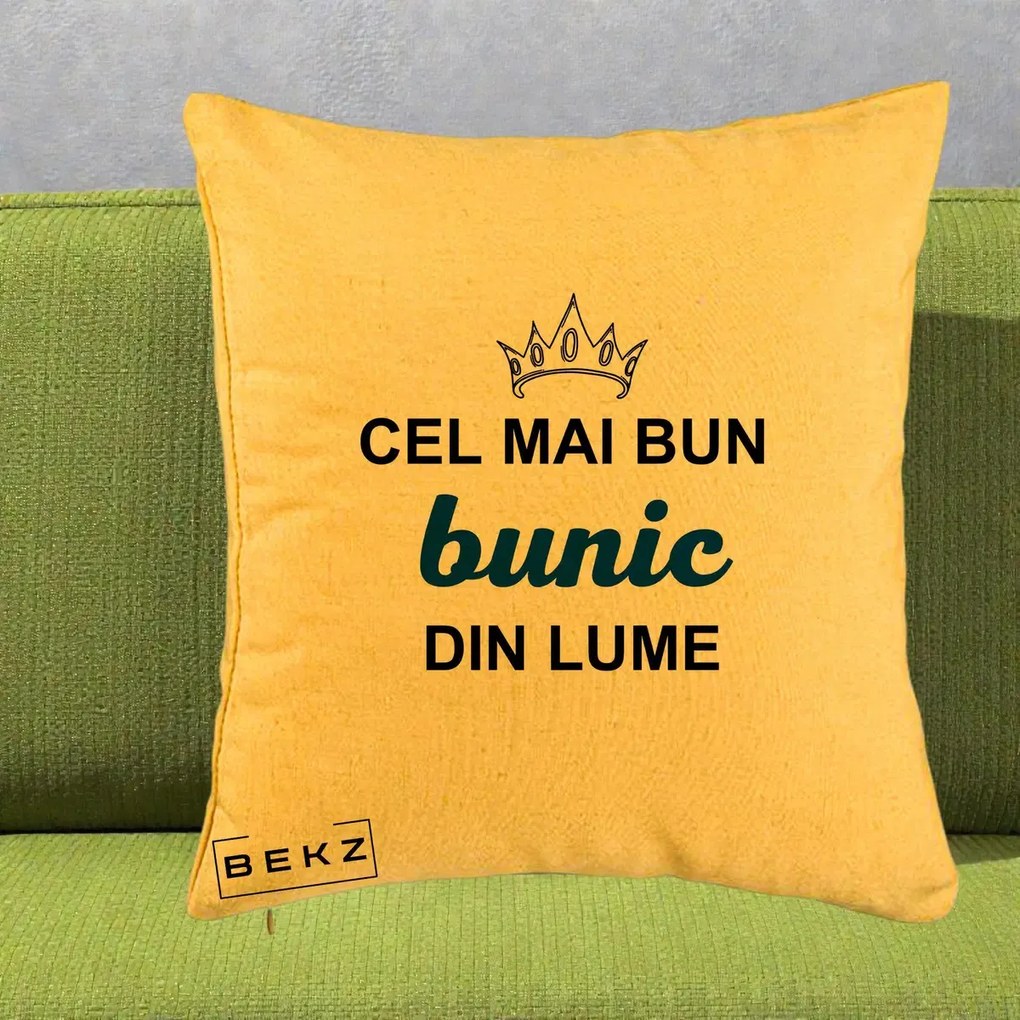Cadou pentru Bunic - Perna Personalizata Cel Mai Bun Bunic Din Lume Coroana Albastra, 40x40 cm, Galben, Husa Detasabila, Perna Inclusa, BEKZ®