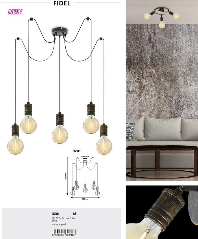 Lustra cu 5 pendule design industrial Fidel auriu antic