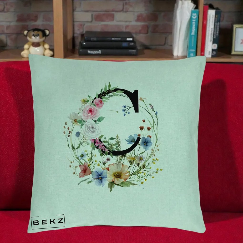 Cadou Personalizat - Perna Personalizata Monogram Litera C cu Flori Acuarela, 40x40 cm, Verde Menta, Husa Detasabila, Perna Inclusa, BEKZ®