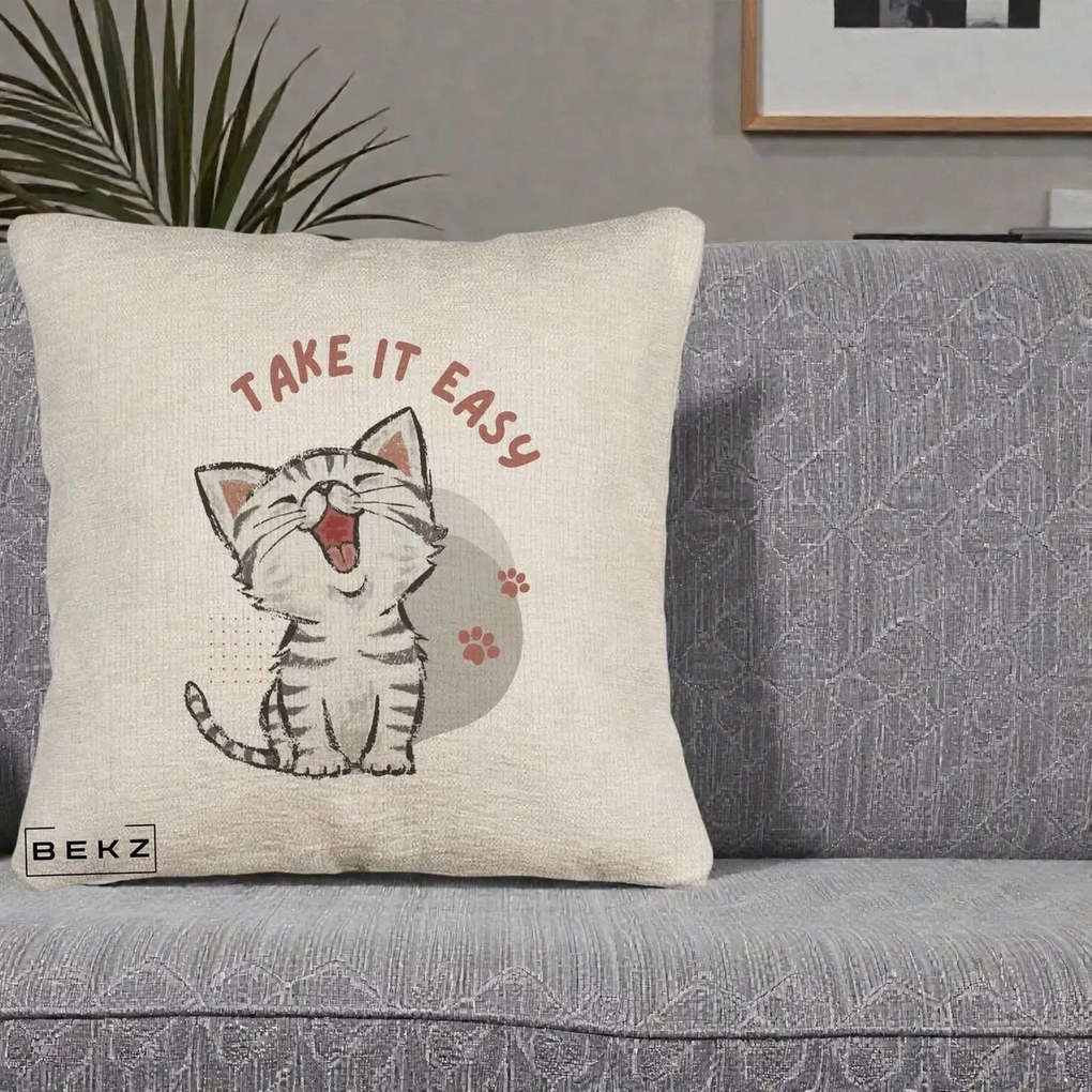 Perna Personalizata Take It Easy Cat, 40x40 cm, Bej Canapea, Husa Detasabila, Perna Inclusa, BEKZ®