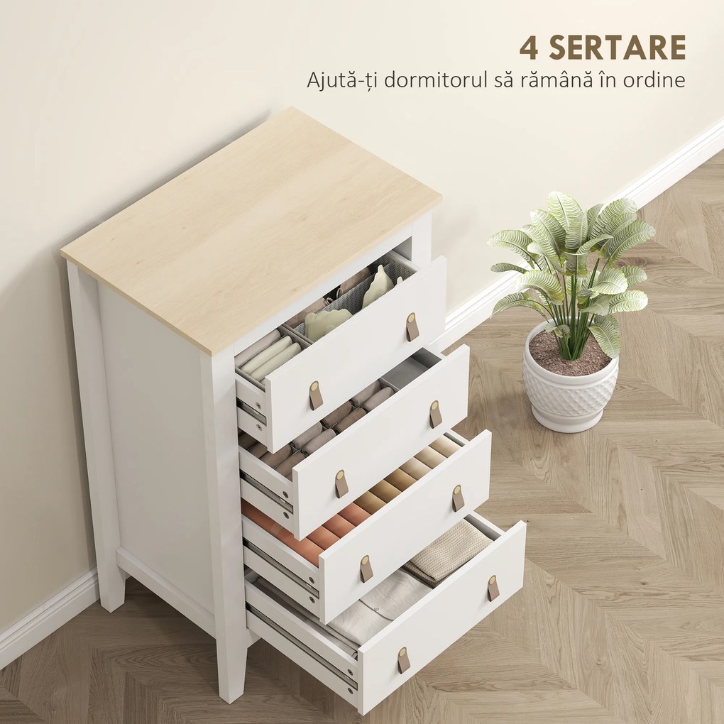 HOMCOM Comodă cu 4 Sertare și Mânere din Piele Ecologică Albă | Aosom Romania