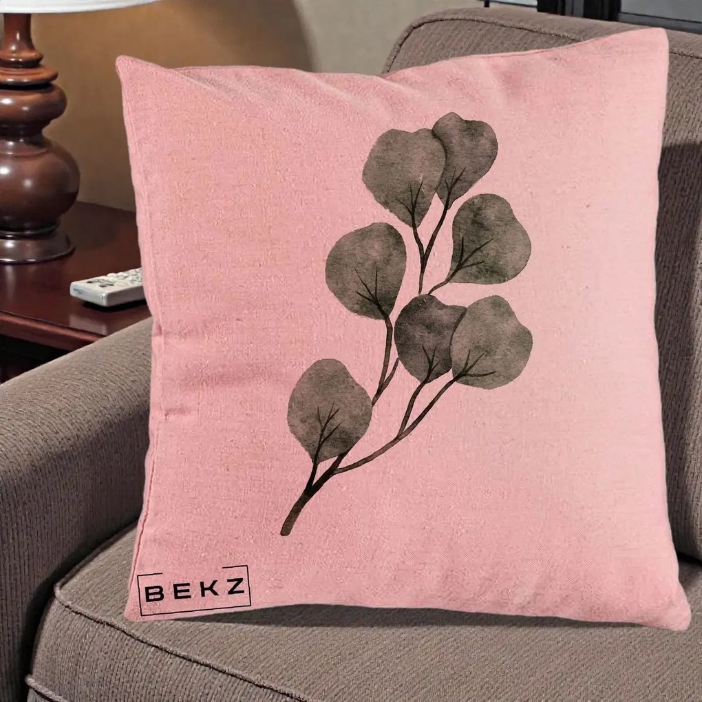 Perna Decorativa Ramura Eucalipt Acuarela, 40x40 cm, Roz, Husa Detasabila, Perna Inclusa, BEKZ®