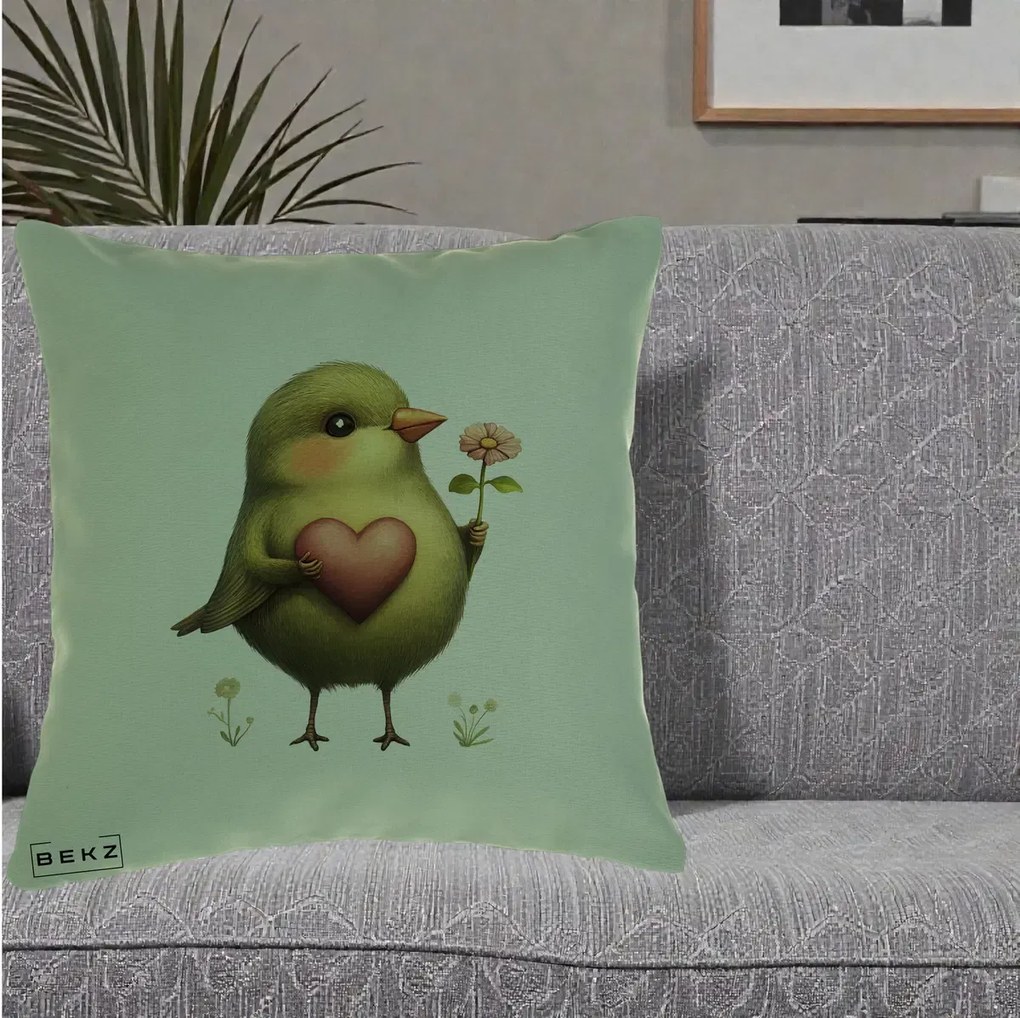 Perna Decorativa Pasare Verde cu Inima si Floare, 40x40 cm, Verde, Husa Detasabila, Perna Inclusa, BEKZ®