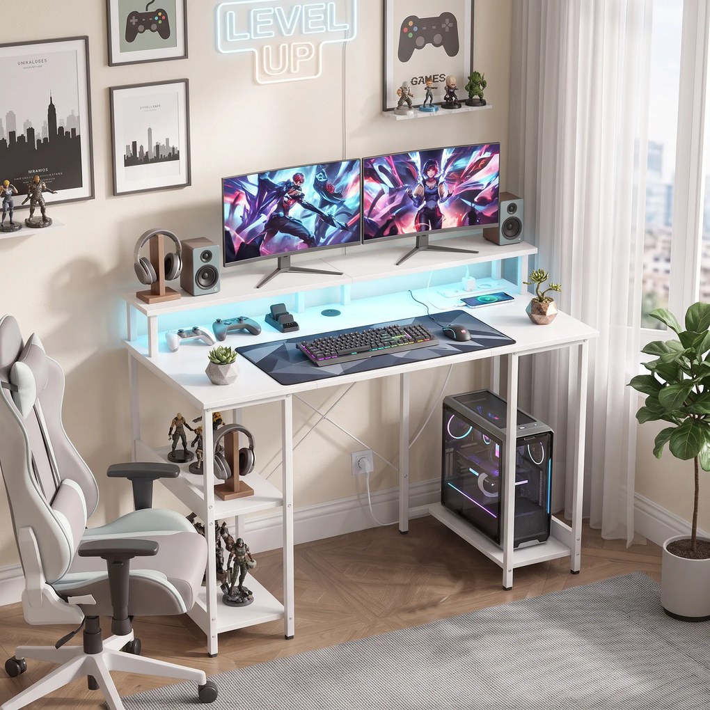 HOMCOM Birou pentru Computer Reversibil cu Rafturi, 120x50 cm, cu Prize și Lumini LED, Alb cu Efect de Lemn | Aosom Romania