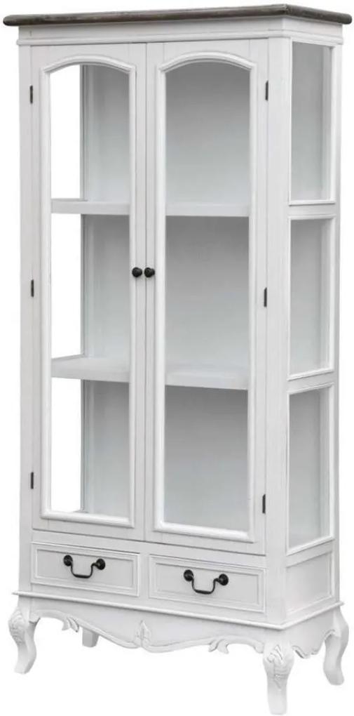 Vitrină cu două uși și două sertare Berenice , 156x76x35 cm, lemn de plop/ mdf/ metal/ sticla, alb/ maro