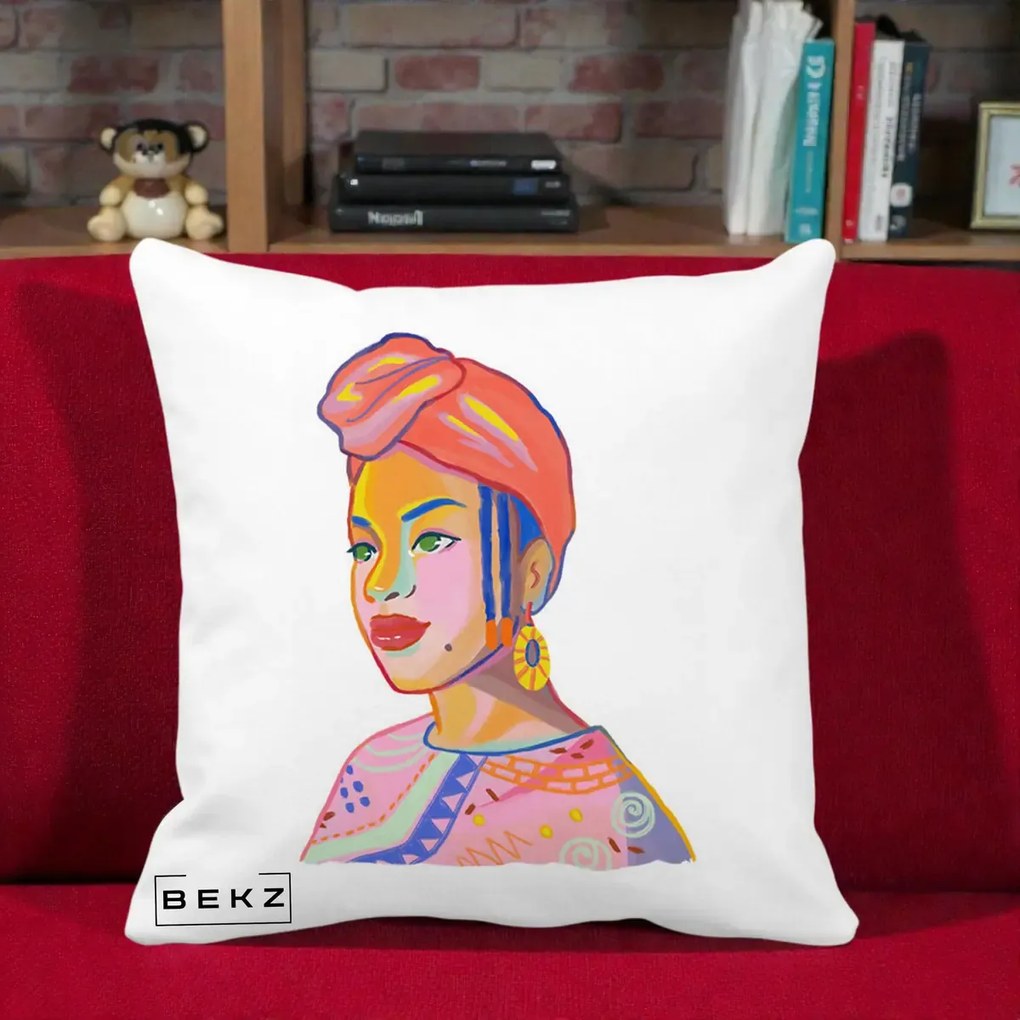 Perna Decorativa Portret Femeie Africana, 40x40 cm, Alba Mata, Husa Detasabila, Perna Inclusa, BEKZ®