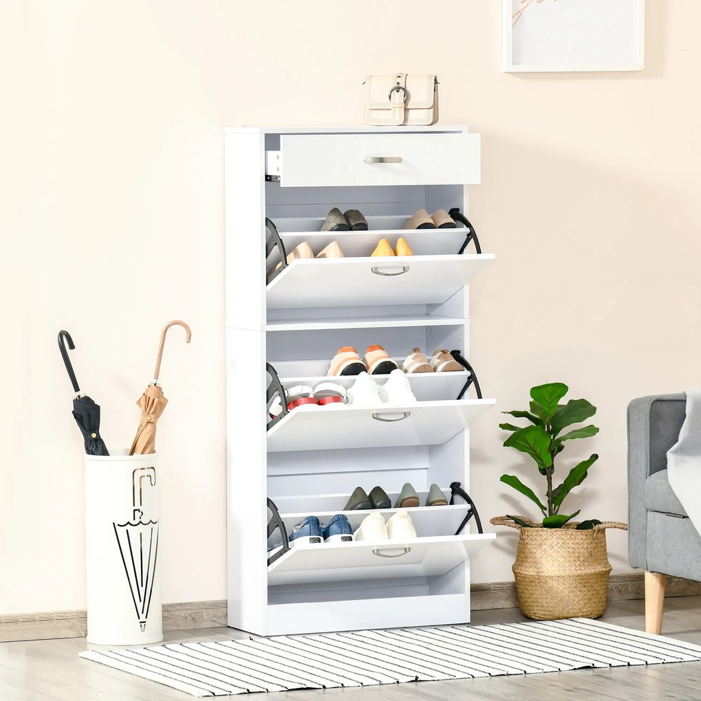 HOMCOM Dulap pantofi cu 3 uși rabatabile, sertar glisant, 62x24x135 cm, mânere aluminiu, placă de particule albă | Aosom Romania
