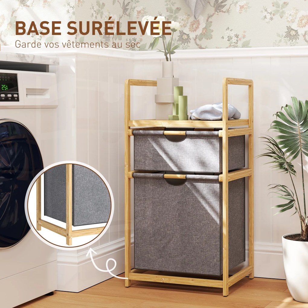 HOMCOM Coș de rufe din bambus coș de rufe murdare cu 2 saci din material textil culisante și raft cu lamele, natural | Aosom Romania