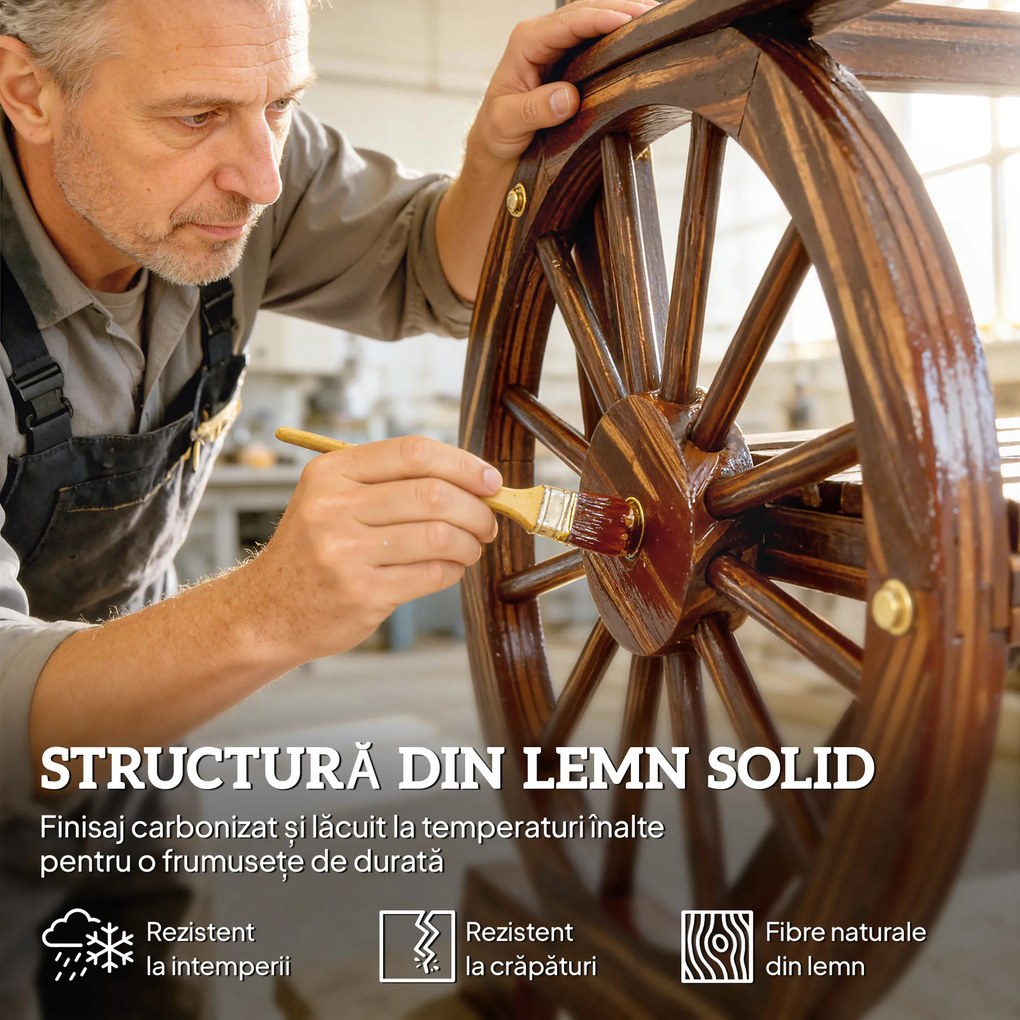 Outsunny Bancă de Grădină din Lemn cu Șipci 1 Loc, Scaun de Exterior cu Cotiere și Roată, Fotoliu Masiv, Șezut Spațios, Spătar Înclinat, Grădină, Curte, Verandă, Carbonizat | Aosom Romania