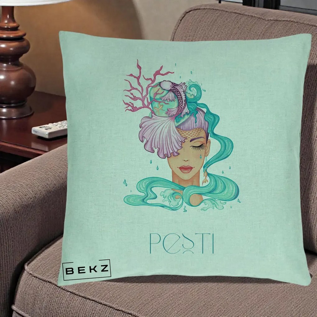 Perna Personalizata Zodiac Pesti Cowgirl, 40x40 cm, Verde Menta, Husa Detasabila, Perna Inclusa, BEKZ®