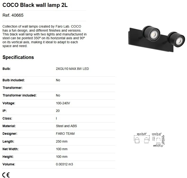 Aplica cu 2 spoturi directionabile design minimalist COCO neagra