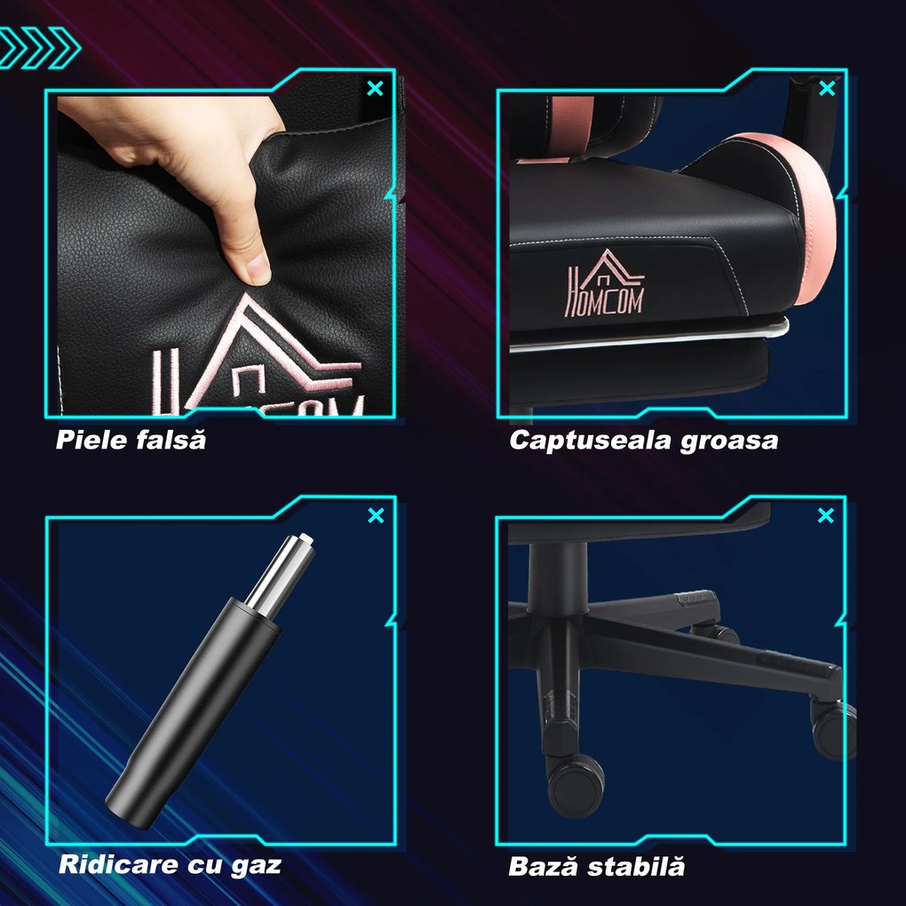 HOMCOM Scaun Gaming Ergonomic cu Urechi de Pisica, Roz | Aosom Romania