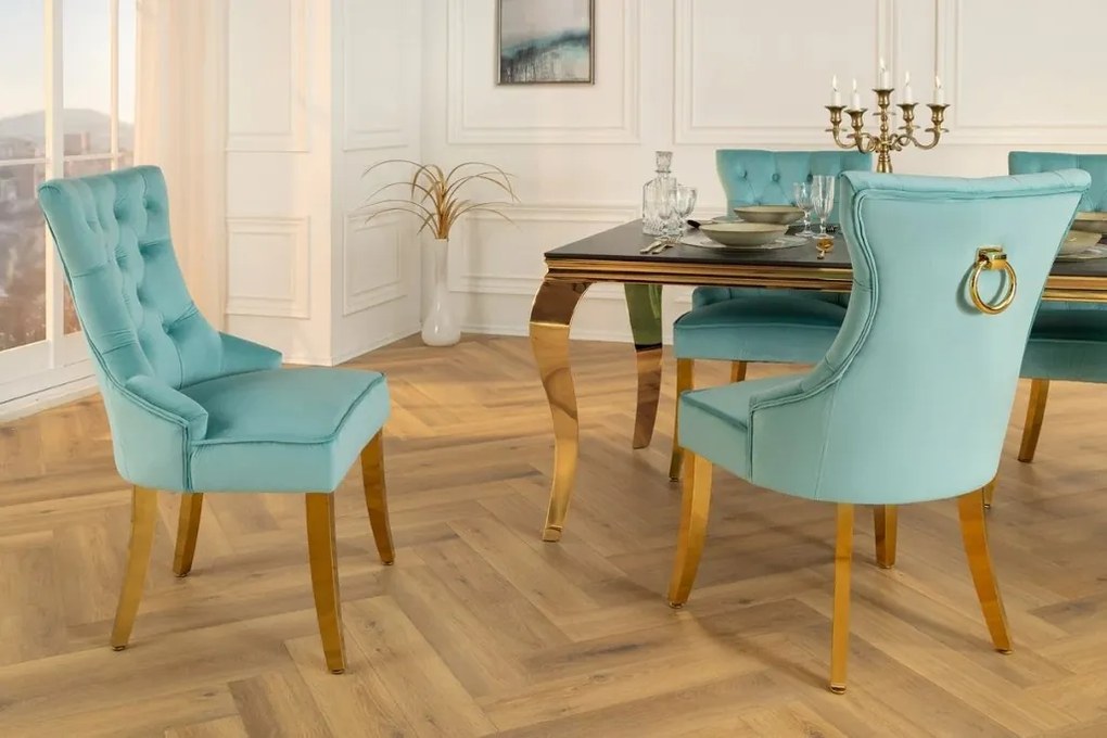 Set 2 scaune Stil Baroc, Catifea, Albastru Deschis, Metal, Auriu, Castle