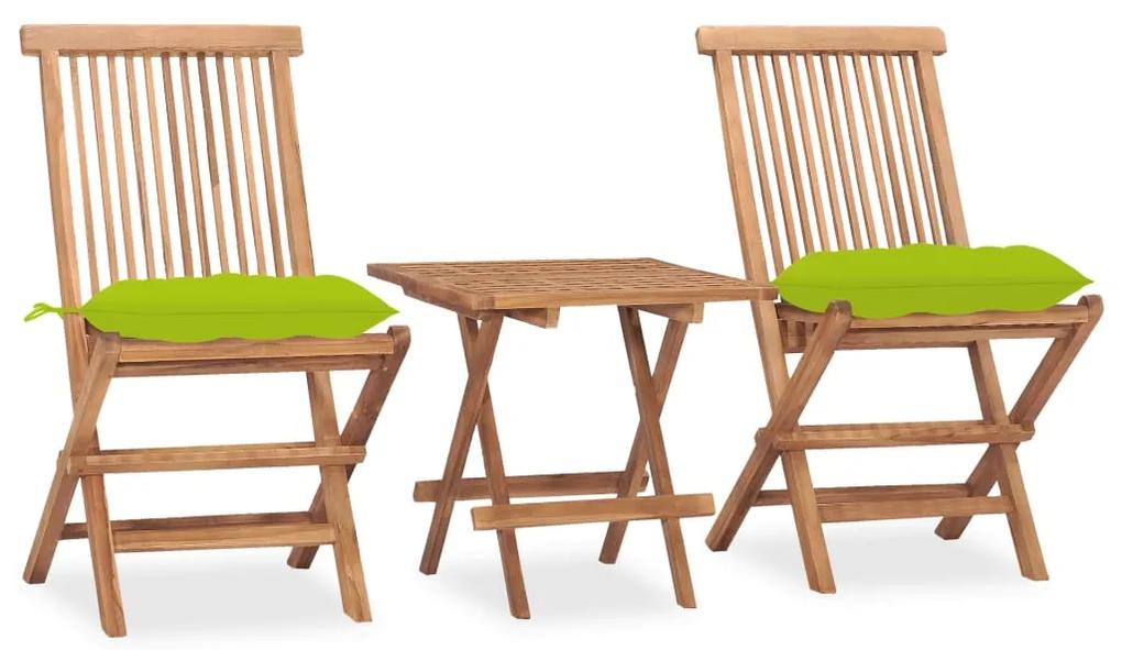 Set mobilier exterior pliabil cu perne, 3 piese, lemn masiv tec verde aprins, 3