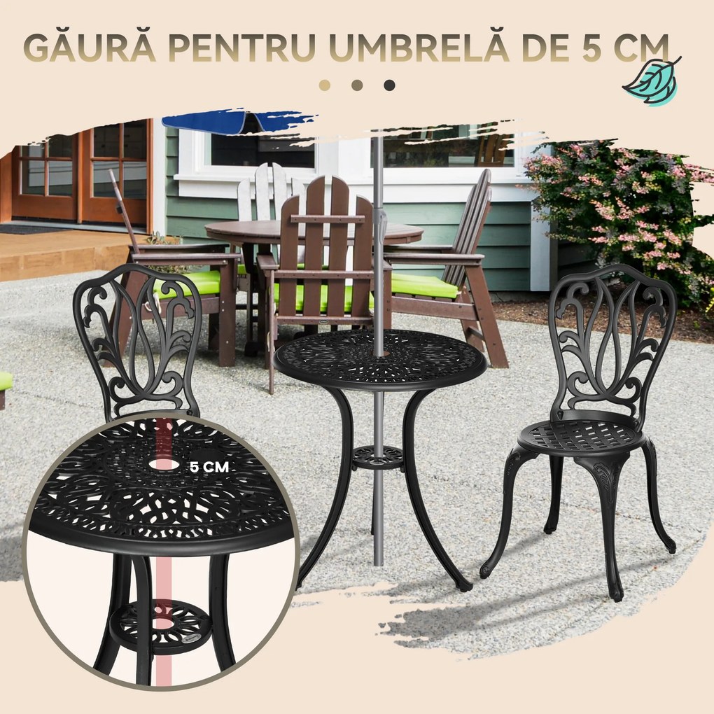 Outsunny Set de Grădină Exterior, Masă Rotundă și Scaune din Aluminiu, Masă de Bistrou cu Orificiu pentru Umbrelă, Mobilier pentru Terasă, Grădini, Verande, Balcoane, Lângă Piscină – Negru | Aosom Romania