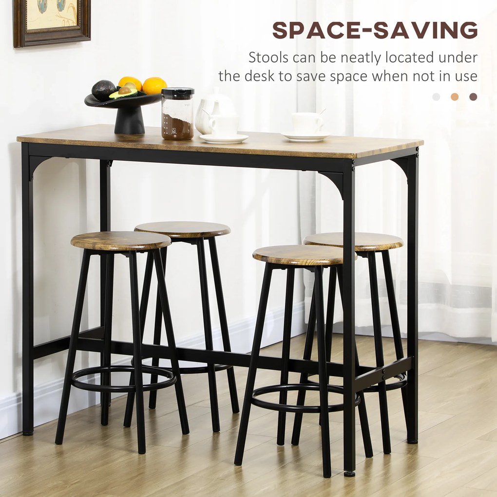 HOMCOM Scaune bar si Masa Bar, 5 piese, cu 4 Scaune Rotunde, Economie de Spațiu, Design Rustic Maro, pentru Bucătărie | Aosom Romania
