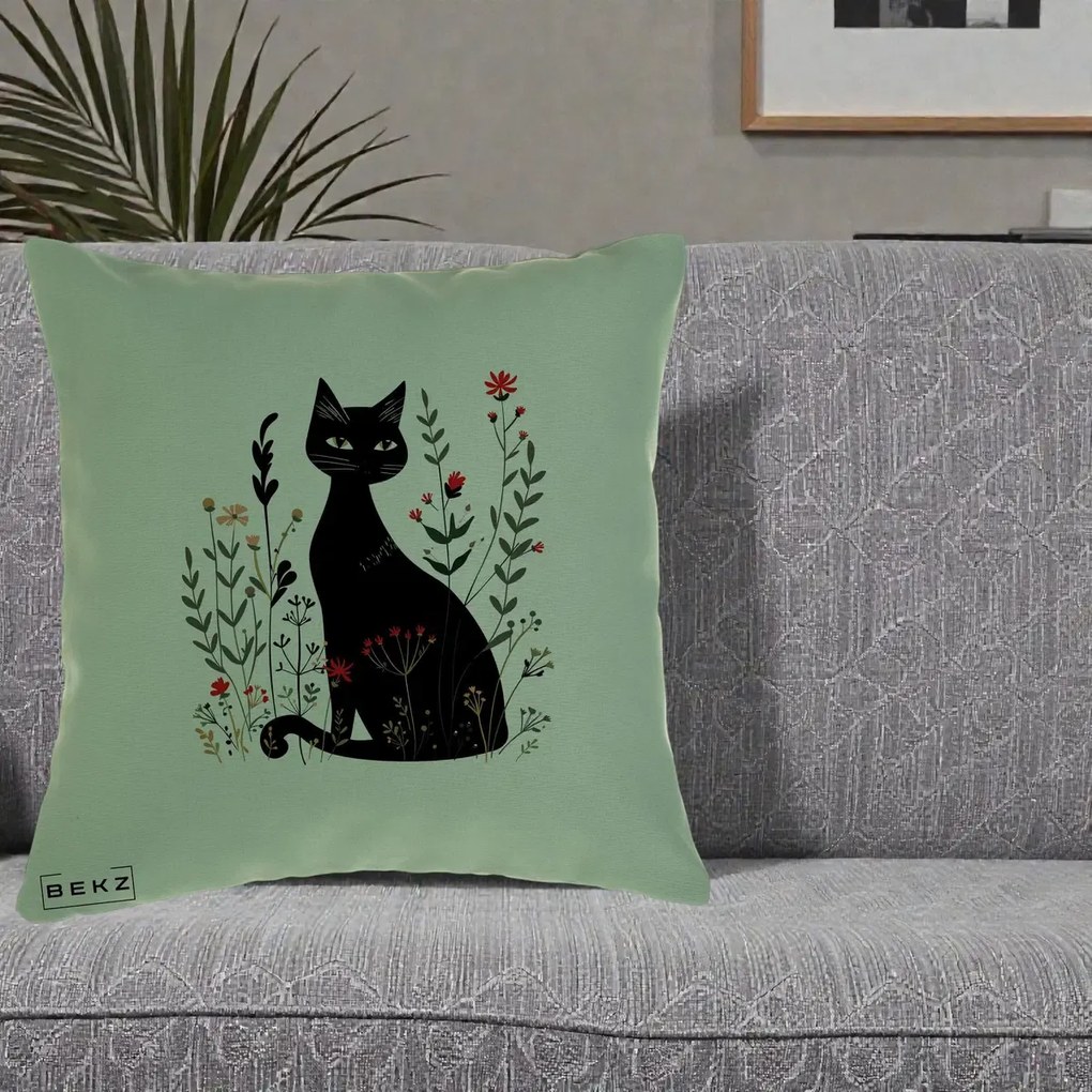 Perna Decorativa Pisica Neagra Botanica Rosu-Gri, 40x40 cm, Verde, Husa Detasabila, Perna Inclusa, BEKZ®