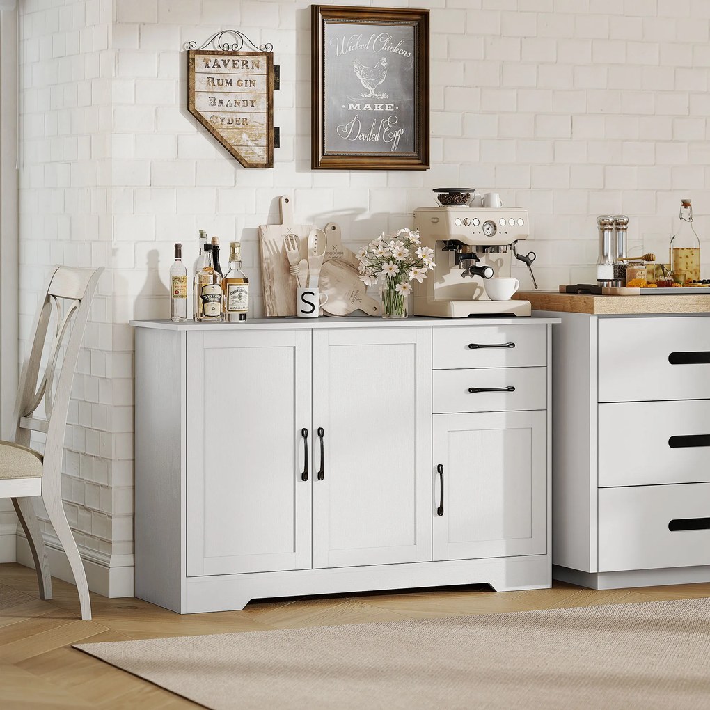 HOMCOM Bufet, mobilier de depozitare cu 3 uși, 2 sertare și raft reglabil, 120 x 38 x 79 cm, alb | Aosom Romania