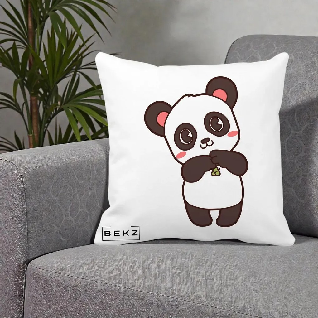 Perna Personalizata Panda Kawaii cu Bambus, 40x40 cm, Alba Mata, Husa Detasabila, Perna Inclusa, BEKZ®