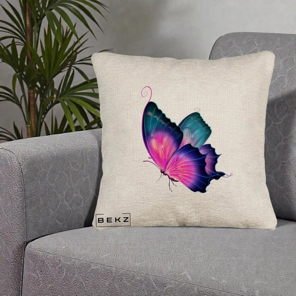 Perna Decorativa Fluture Neon, 40x40 cm, Bej Canapea, Husa Detasabila, Perna Inclusa, BEKZ®