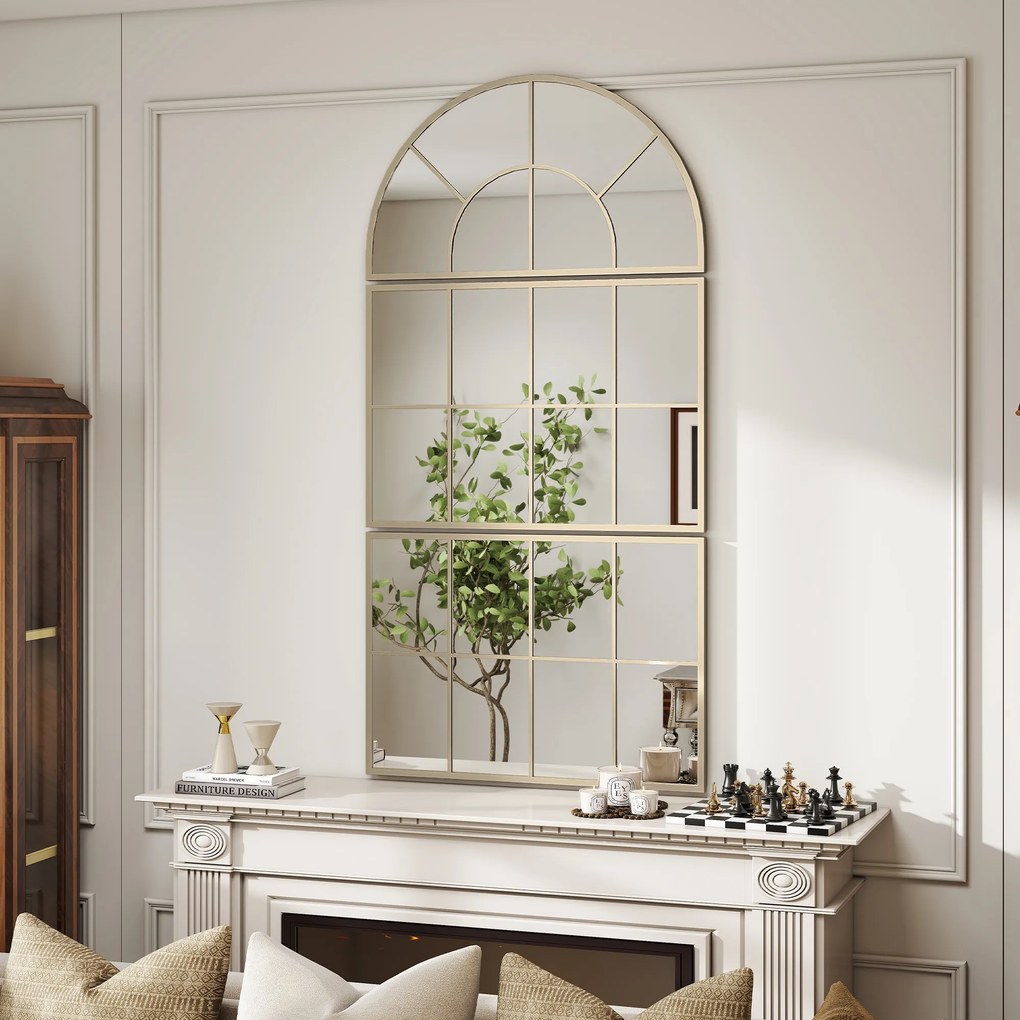 HOMCOM Oglindă de perete arcuită oglindă de perete în formă de fereastră set de 3 piese cadru din metal 76 x 150 cm auriu | Aosom Romania