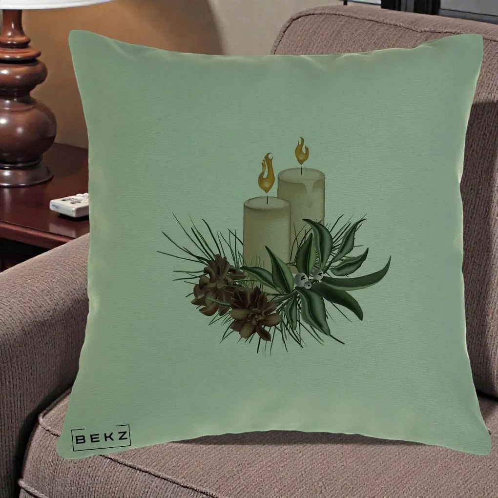 Perna Decorativa Lumanari cu Ilex si Conuri Ilustratie, 40x40 cm, Verde, Husa Detasabila, Perna Inclusa, BEKZ®