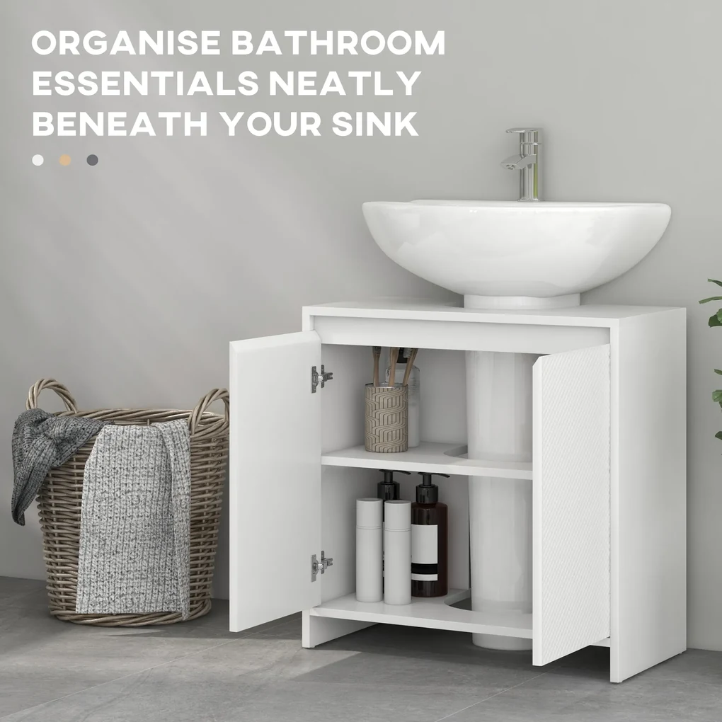 HOMCOM Mobilier Sub Chiuvetă pentru Baie cu 2 Uși, Dulap de Baie cu Decupaj în U pentru Țevi, 60x30x60 cm, Alb | Aosom Romania