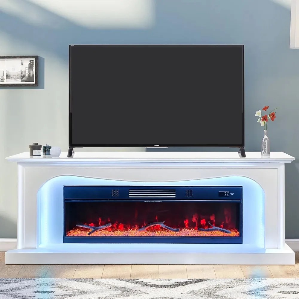 Șemineu Electric cu Flacără LED în 7 Culori, Comodă TV, Bluetooth, Difuzoare Integrate, Iluminare LED Ambientală, Telecomandă, MDF, Finisaj Alb Oglindă