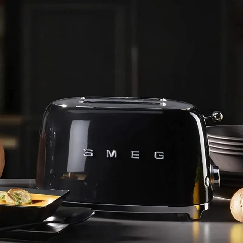Prajitor de paine SMEG 50's Style TSF01BLEU, 950 W, 2 felii, 6 trepte, Tava pentru firimituri, Cablu integrat, Otel inoxidabil, Negru