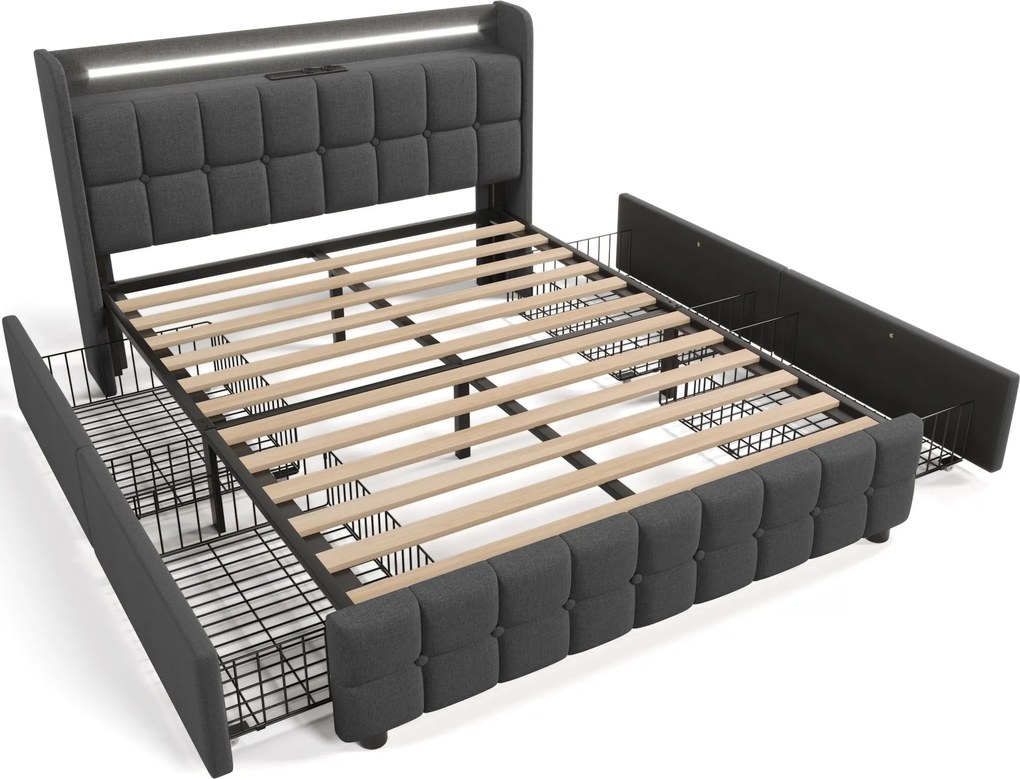 Pat cu tăblie USB și iluminare LED, 4 sertare, structură din lemn, tăblie tapițată, 140x200 cm, Gri