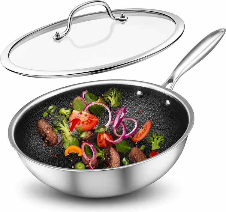 Tigaie wok cu capac Swiss Haus SteelCRAFT SH-ZGW30, 30 cm, 4,8 l, Interior cu relief pentru prajire, Acoperire ceramica Sapphire, Cuptor pana la 260°C, Pentru toate plitele inclusiv inductie, Argintiu