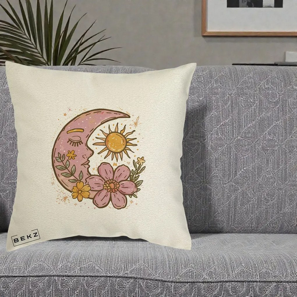 Perna Personalizata Luna si Soare Floral Boho, 40x40 cm, Ecru, Husa Detasabila, Perna Inclusa, BEKZ®