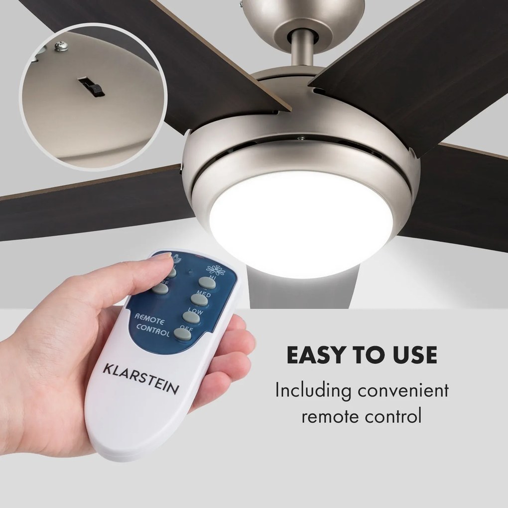 Klarstein Bolero, 55W, ventilator de tavan cu lampă, 134 cm, brațe din lemn de nuc, telecomandă