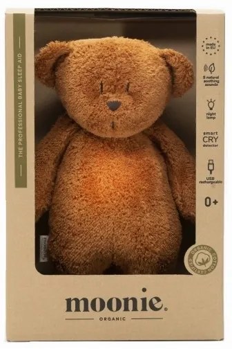 Pluș de îmbrățișat cu sunete și lumină Moonie ursuleț organic caramel natur