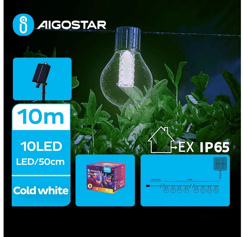 Lanț LED solar decorativ Aigostar 10xLED/8 funcții 10,5m IP65 alb rece