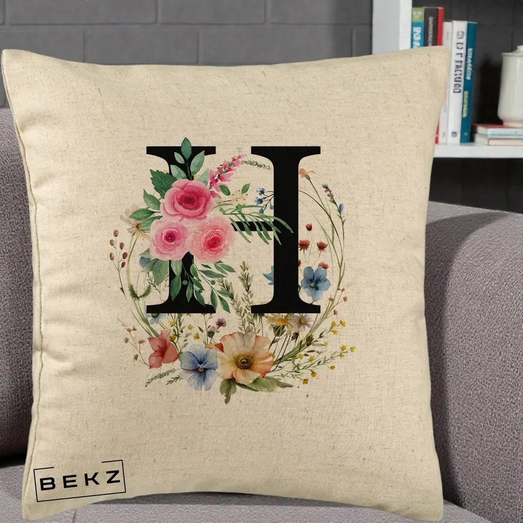 Cadou Personalizat - Perna Personalizata Monogram Litera H cu Flori Acuarela, 40x40 cm, Bej, Husa Detasabila, Perna Inclusa, BEKZ®