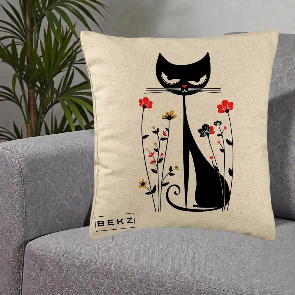 Perna Decorativa Pisica Neagra Grafica Flori Rosii, 40x40 cm, Bej, Husa Detasabila, Perna Inclusa, BEKZ®