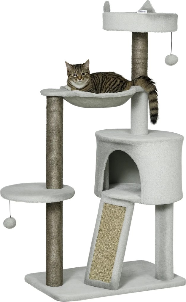 Pawhut zgârietor incl. căsuță pentru pisici, pat pentru pisici, hamac și jucărie 60 cm x 40 cm x 113 cm, Gri deschis | Aosom Romania