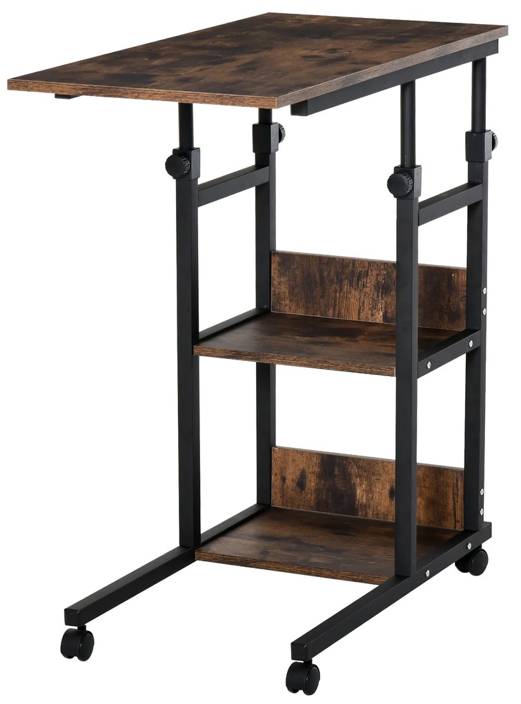 HOMCOM Masă auxiliară Masă laterală Masă rulantă Masă de Pat pentru Laptop Înălțime reglabilă - 2 rafturi integrate - cadru metalic Maro | Aosom Romania