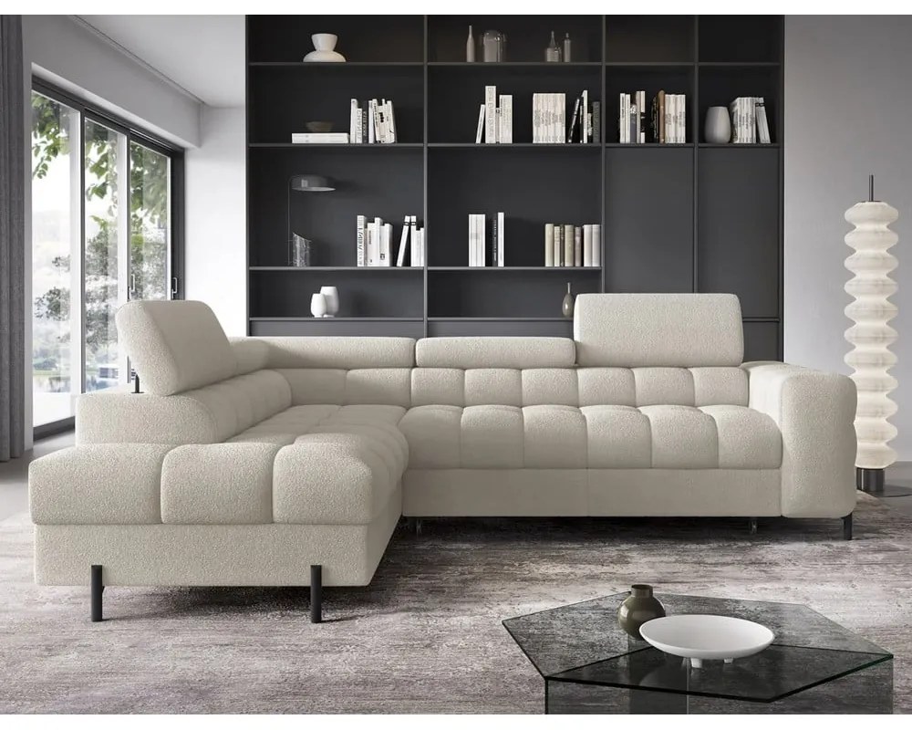 Colțar crem extensibil/cu spațiu de depozitare cu tapițerie din țesătură bouclé (cu colț pe partea stângă/în formă de ”L”) Ferucce – ELTAP