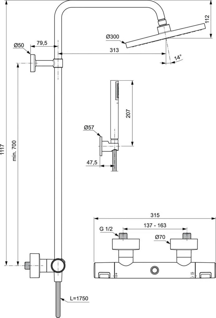 Coloana de dus Ideal Standard IdealRain, termostatic, Ceratherm T50, palarie Round 200 mm, negru mat - BC748XG