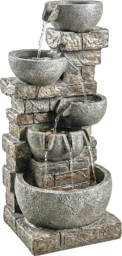 Outsunny Fântână de exterior din rășină, 5 niveluri, fântână de grădină cu iluminare LED, pompă, aspect piatră 34 x 36 x 80 cm | Aosom Romania