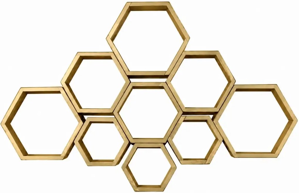 Set 9 rafturi perete Hexa Culoare aurie,Homs,Seia A620,lemn natur