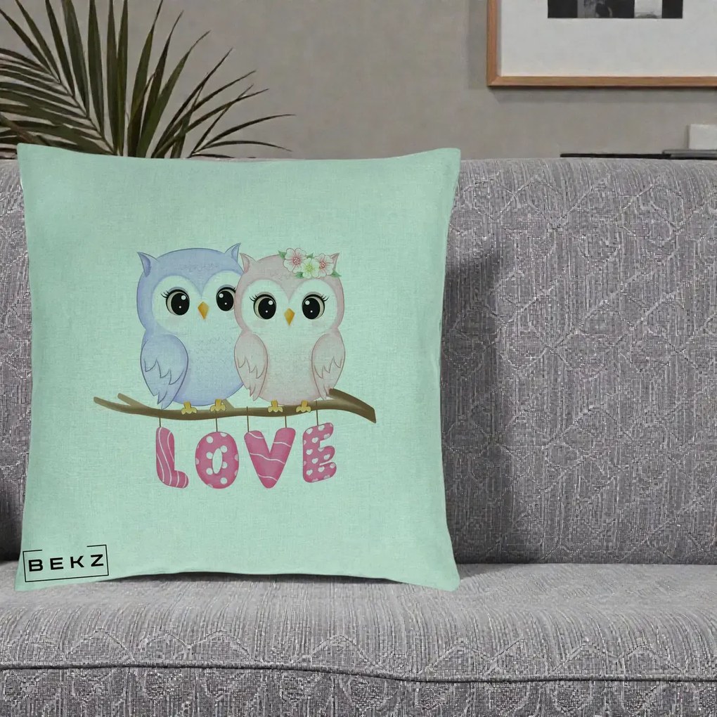 Perna Decorativa Love Bufnite Indragostite pe Crenguta Roz si Mov, 40x40 cm, Verde Menta, Husa Detasabila, Perna Inclusa, BEKZ®