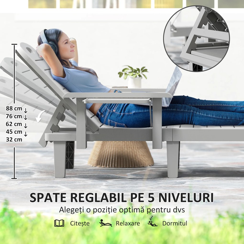 Outsunny Set 2 Șezlonguri cu Spătar Reglabil în 5 Poziții, Măsuță și Brațe Ergonomice, 79x158x88 cm, Gri | Aosom Romania